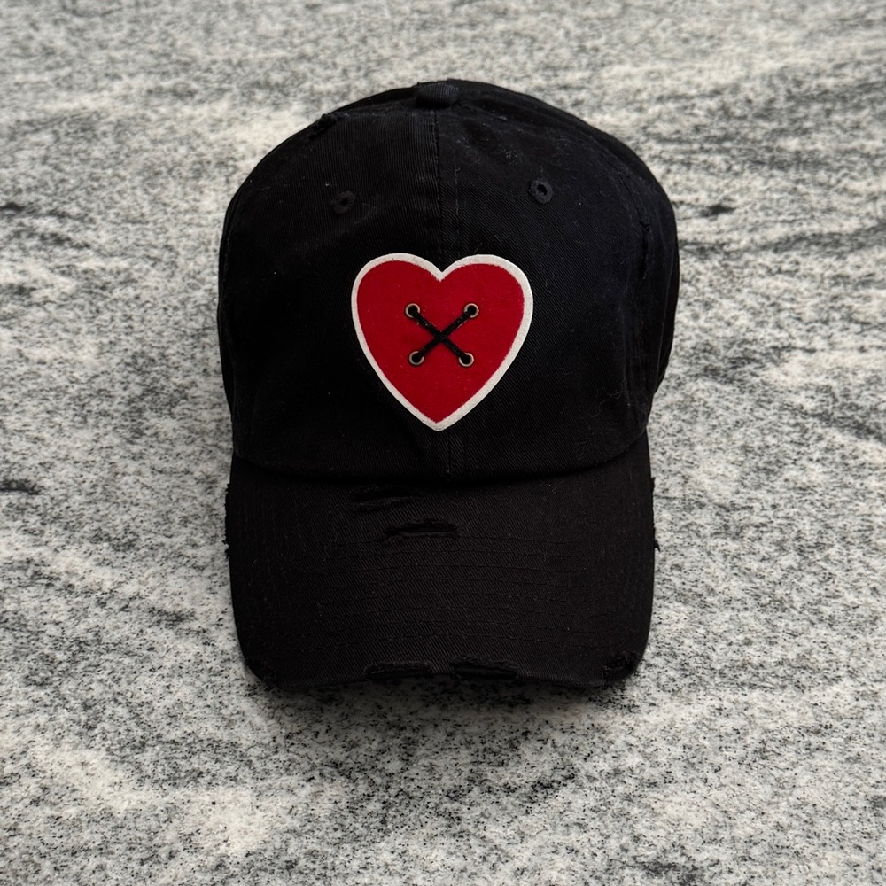 New Custom Designed Black Distressed Baseball Cap with Heart & Cross-Strings